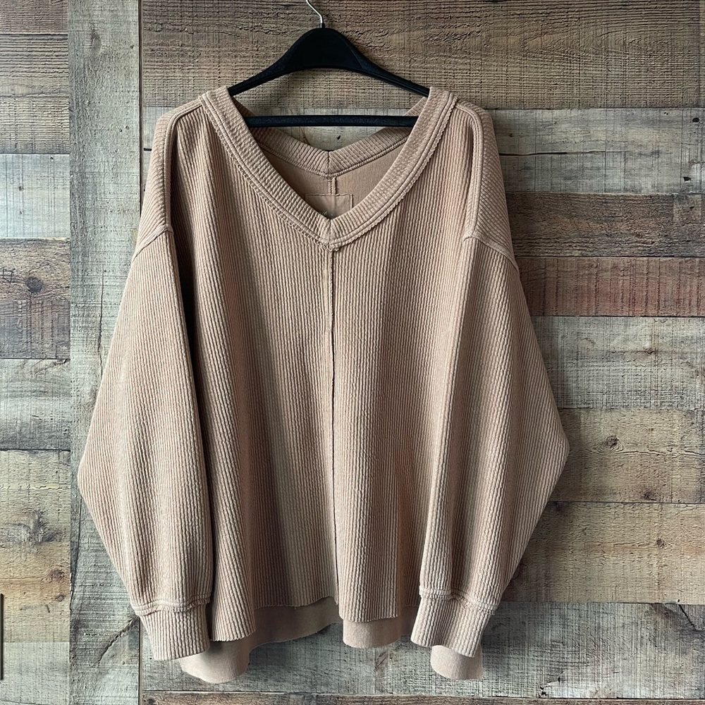 Medium Aerie Wonder Neutral Beige Ribbed Sweater | Oversized  Leisure Look